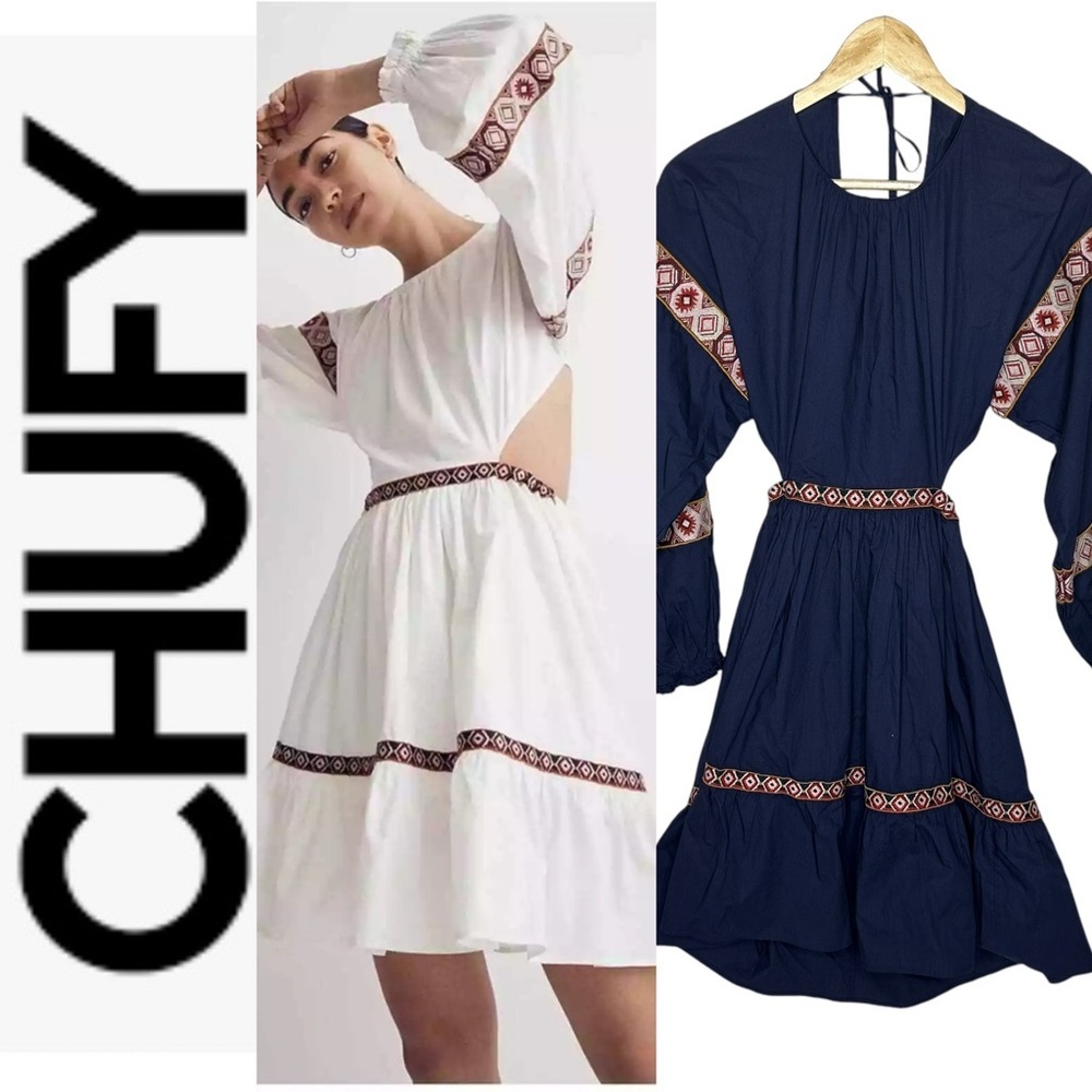 NWOT CHUFY Hari Navy Blue Embroidered Open Back Tie Mini Dress xs